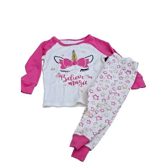 2 FOR $5 SALE Girl's Pink And White Unicorn And Stars Pajama Set Size 12 Months - Picture 9 of 9
